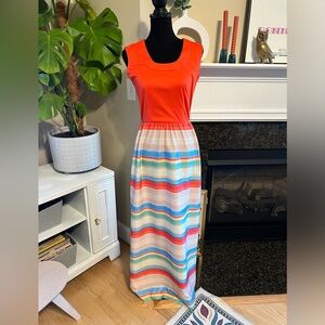 1960s/1970s Vintage Serbin Coral Striped Maxi Dress